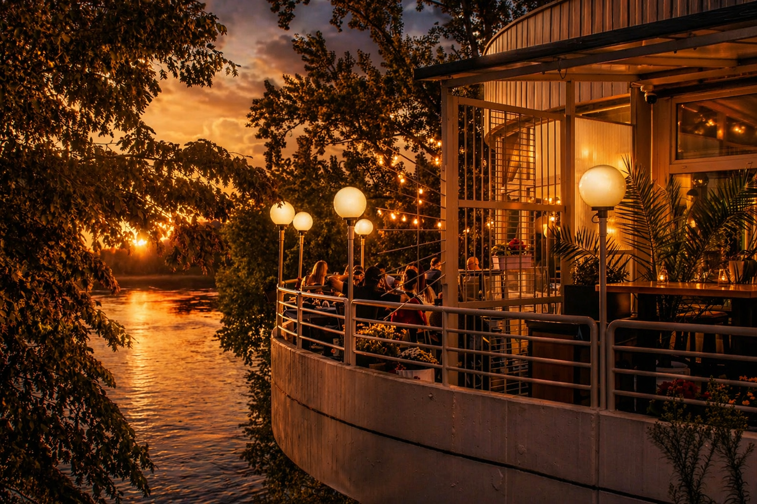 Terrasse bei Nacht mit Rheinblick und warmem Licht